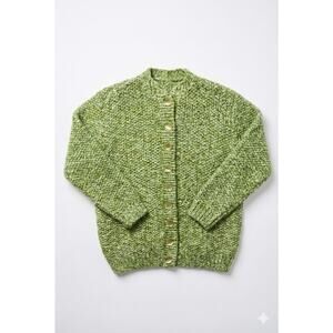 Vintage Handmade Green Marled Chunky Knit Cardigan Sweater Grannycore L